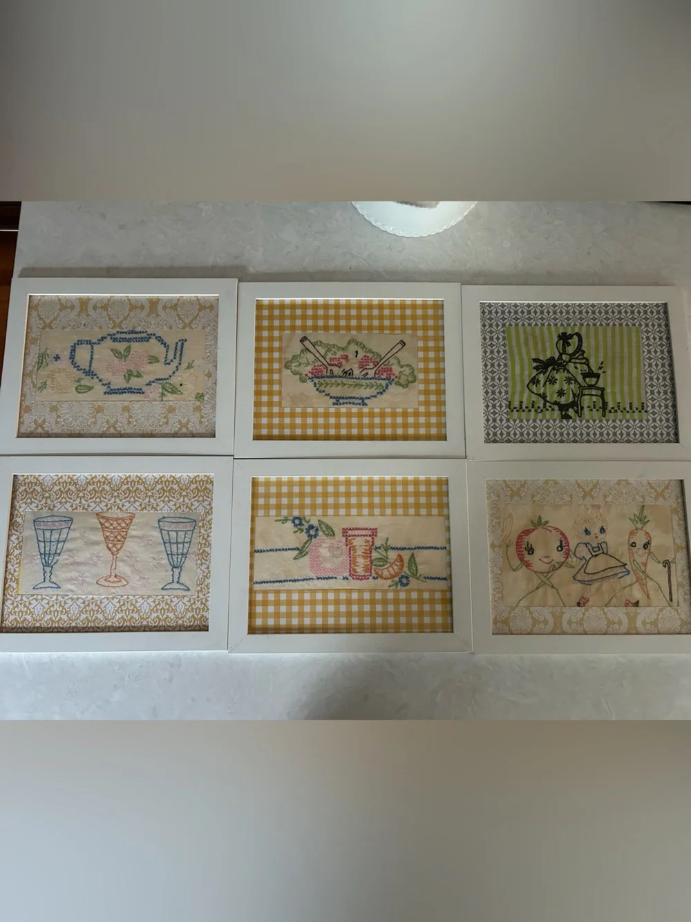 6 Vintage needlepoint framed kitchen prints